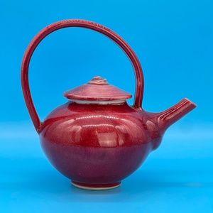 Studio Art Pottery Red Glazed Teapot with Lid Dramatic Handle 9” Tall Signed Lee